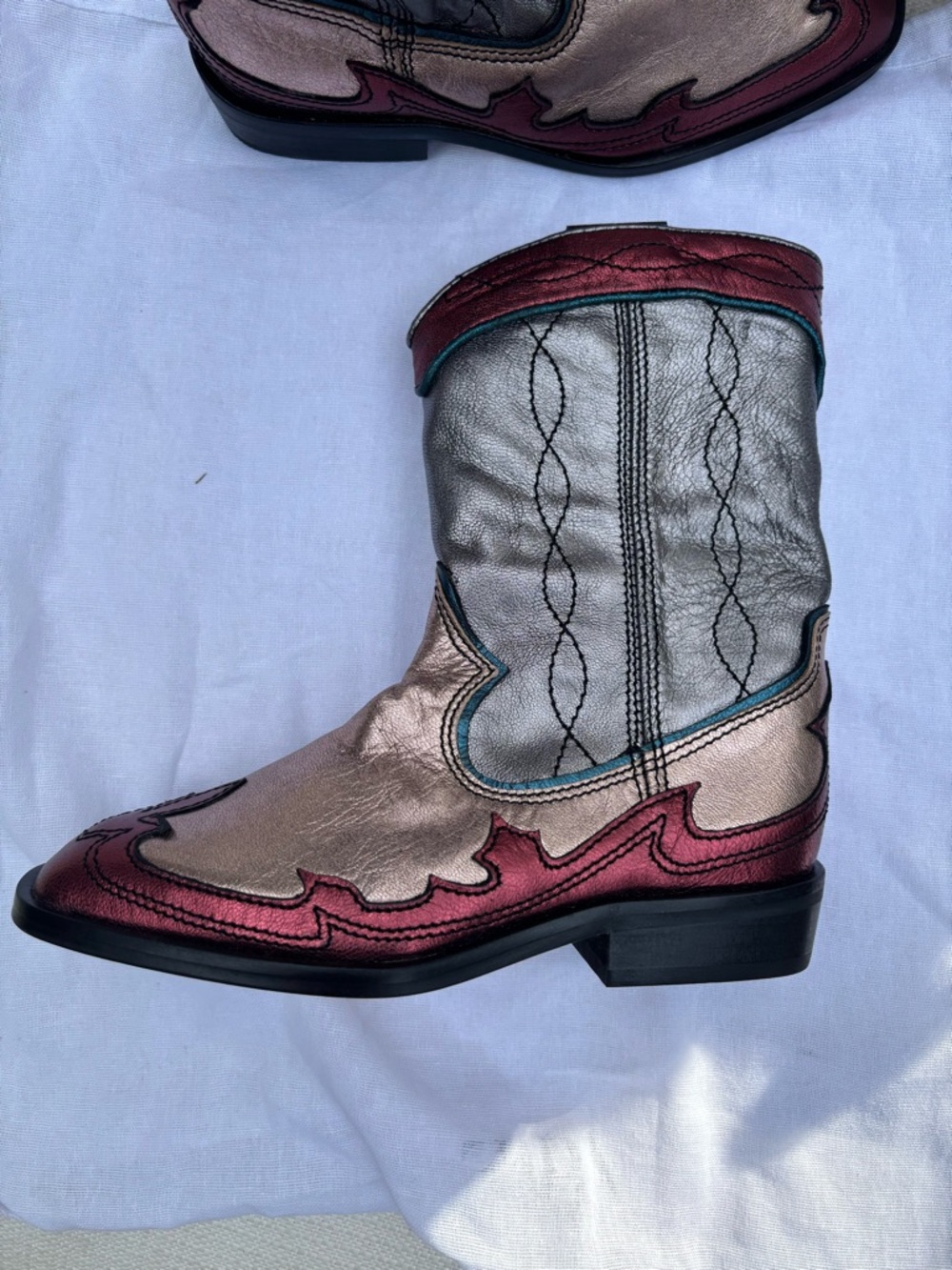 Girls Metallic Gray and Burgundy Western Boots leather NEW NEVER WORN